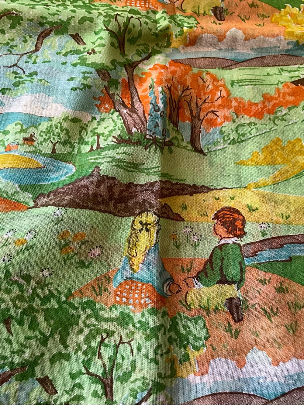 Vintage Fabric 1974 Sheer Scarf Curtain Country Scene Green Orange 2  1/2 Yd 44W